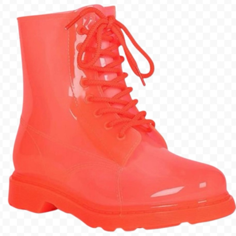 Qupid Neon Coral Lace Up PVC Chunky Rain Streetwear Combat Boots Size 7